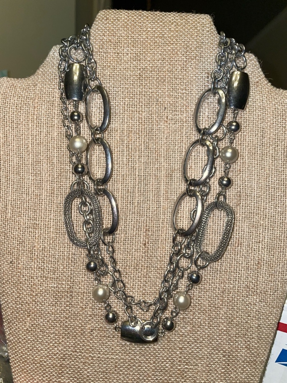Silver-Tone Layered Chain Necklace with Cream Bead Accents
